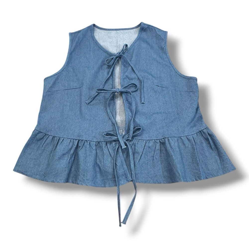 Unbranded Blue Denim Tie Front Cotton Blend Peplum Sleeveless Top Women’s Size L